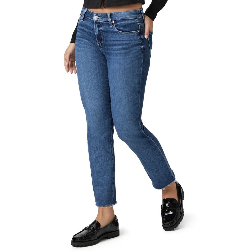 PAIGE Amber Straight Jeans Womens 28 Aegean Dist Choppy Hem Raw Edge Crop Chic